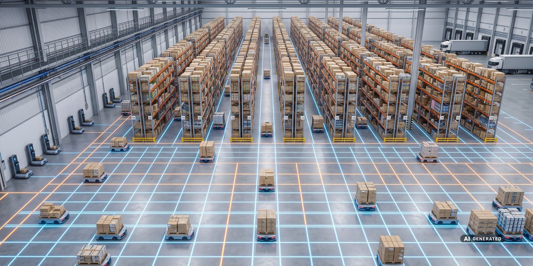 Innenansicht einer Logistikimmobilie von oben mit leuchtendem modularem Grid-System auf dem Boden, auf dem autonome Roboter und Stapler navigieren.